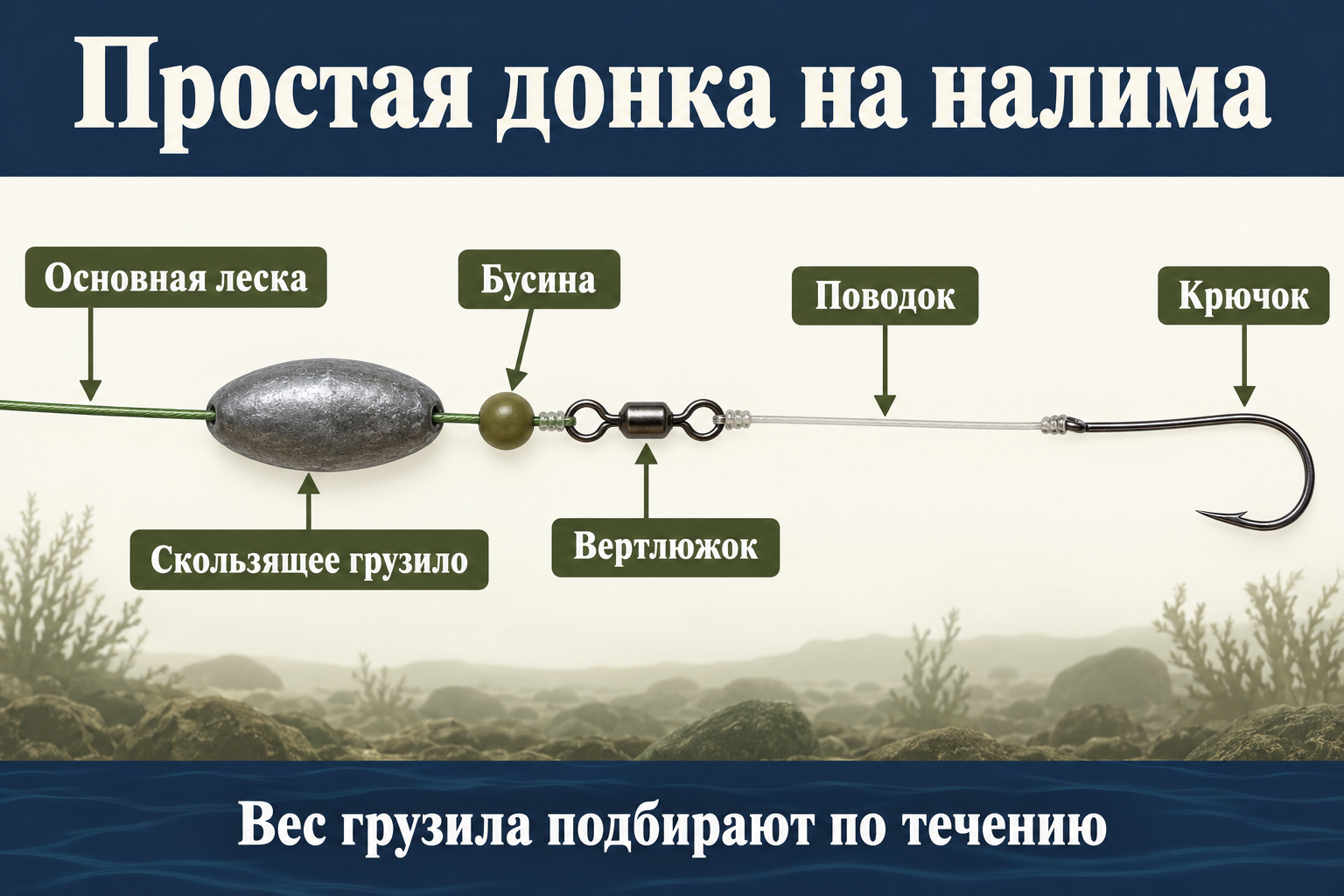 Схема донки на налима со скользящим грузилом, бусиной, вертлюжком и поводком